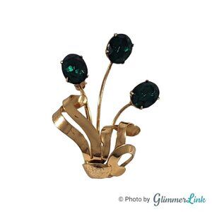 Vintage 10K Gold Filled Floral Green Glass Rhinestone Brooch Pin
